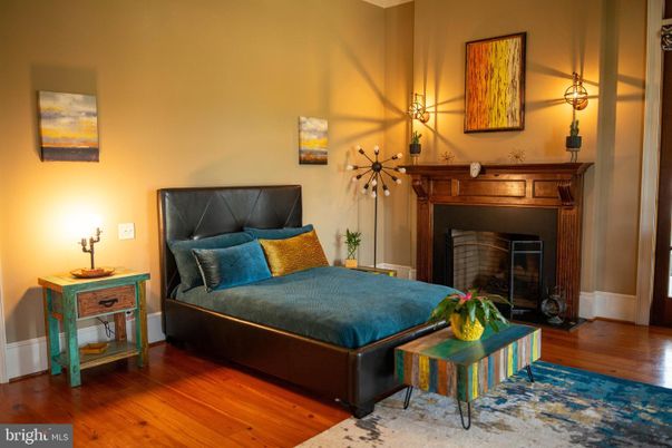 Bedroom, Fireplace, Interior, Wood Texture Flooring