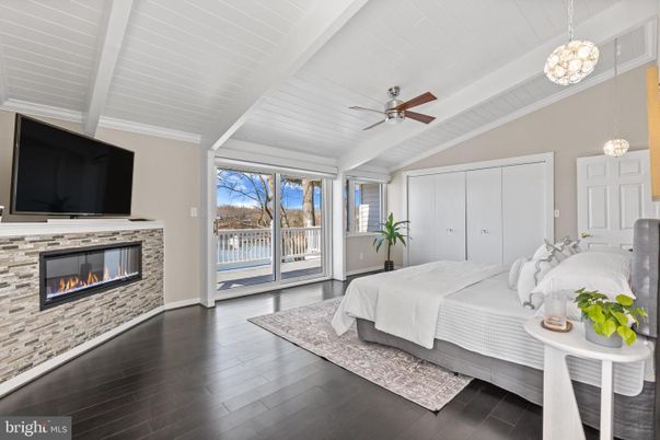 Bedroom, Fireplace, Interior, Pendant Lights, Wood Texture Flooring