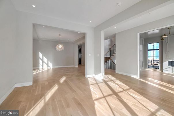 Chandelier, Empty room, Interior, Recessed Lighting, Wood Texture Flooring