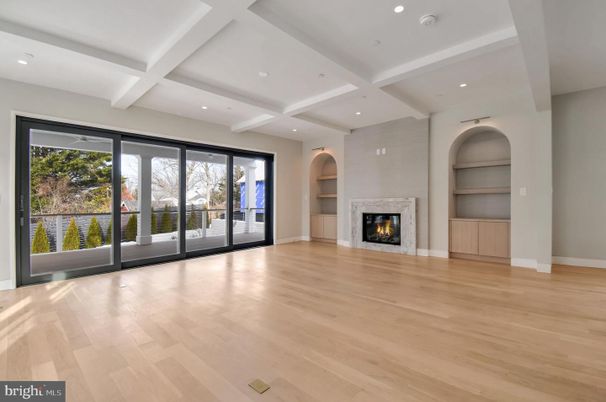 Empty room, Fireplace, Interior, Recessed Lighting, Wood Texture Flooring
