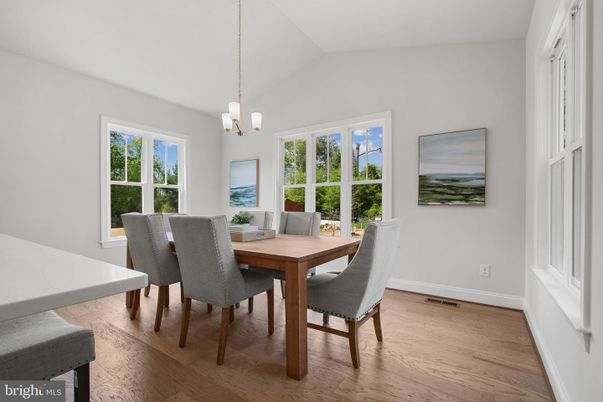 Dining room, Interior, Pendant Lights, Wood Texture Flooring