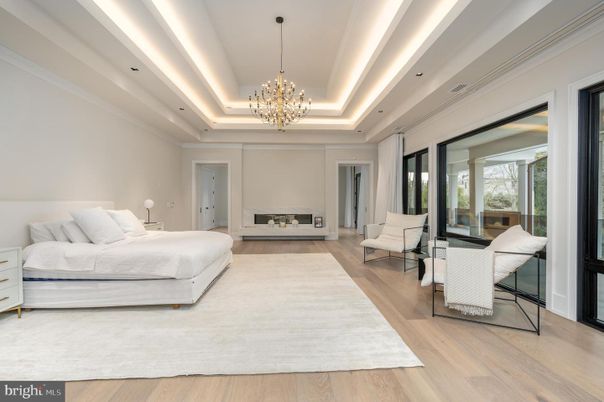 Bedroom, Chandelier, Interior, Recessed Lighting, Wood Texture Flooring