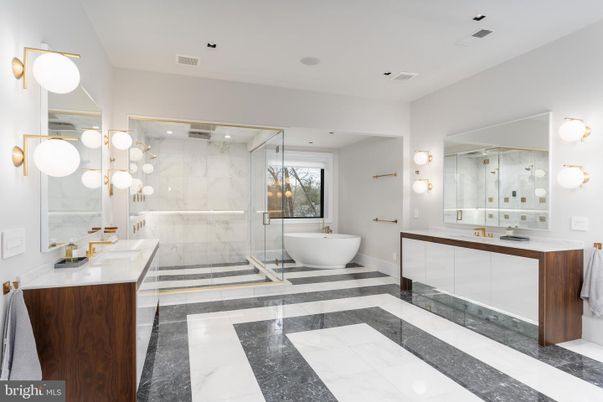Bathroom, Dual Sink Vanities, Free Standing Baths, Glass Shower, Interior, Marble, Marble Walls, Recessed Lighting