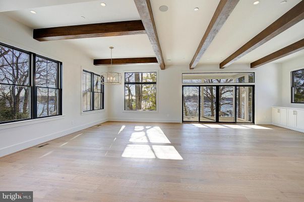 Chandelier, Empty room, Interior, Pendant Lights, Recessed Lighting, Wooden Beams, Wood Texture Flooring
