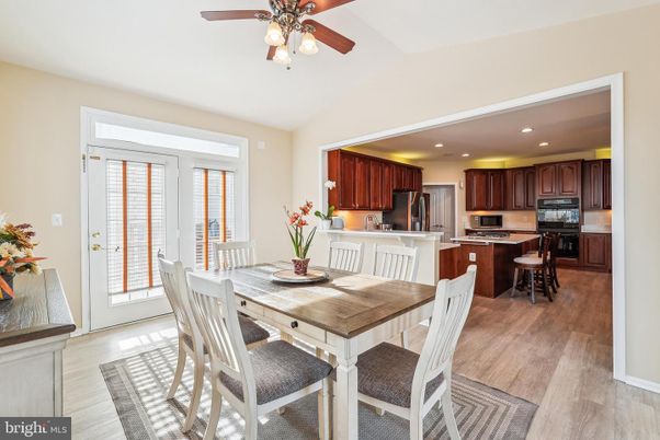 Dining room, Interior, Kitchen, Recessed Lighting, Stainless Steel Appliances, Wood Texture Flooring