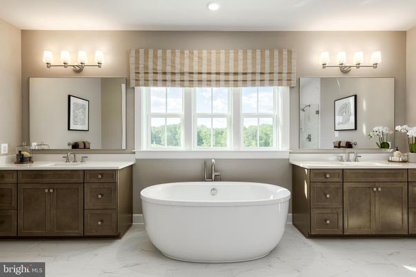 Bathroom, Dual Sink Vanities, Free Standing Baths, Interior, Marble, Recessed Lighting