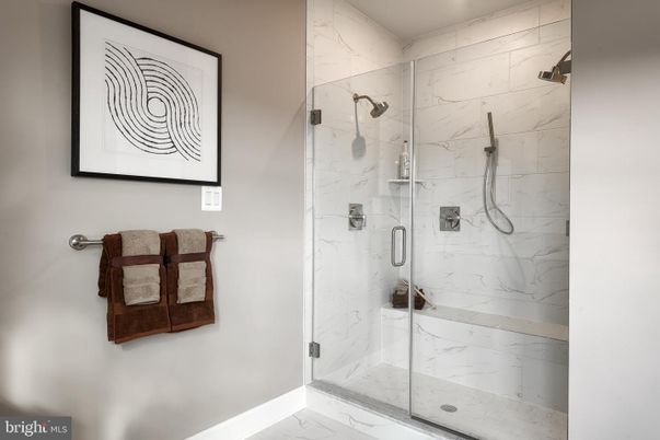 Bathroom, Glass Shower, Interior, Marble Walls, Recessed Lighting
