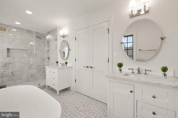 Bathroom, Dual Sink Vanities, Free Standing Baths, Glass Shower, Interior, Marble Walls, Recessed Lighting