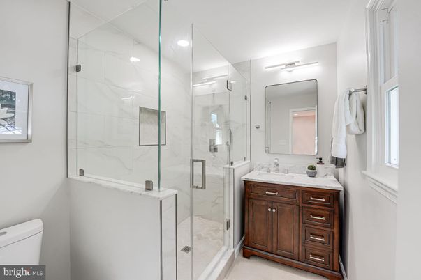 Bathroom, Glass Shower, Interior, Marble Walls, Recessed Lighting