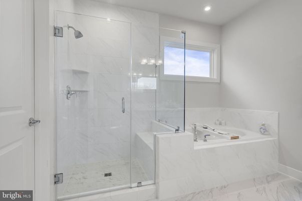 Bathroom, Glass Shower, Interior, Marble, Marble Walls, Recessed Lighting