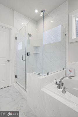 Bathroom, Glass Shower, Interior, Marble, Marble Walls, Recessed Lighting