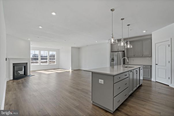 Fireplace, Interior, Kitchen, Pendant Lights, Recessed Lighting, Stainless Steel Appliances, Wood Texture Flooring