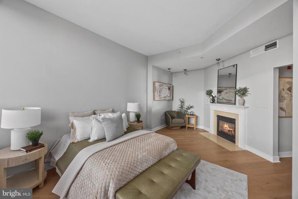 Bedroom, Fireplace, Interior, Wood Texture Flooring