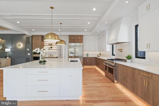 Interior, Kitchen, Pendant Lights, Recessed Lighting, Stainless Steel Appliances, Wood Texture Flooring