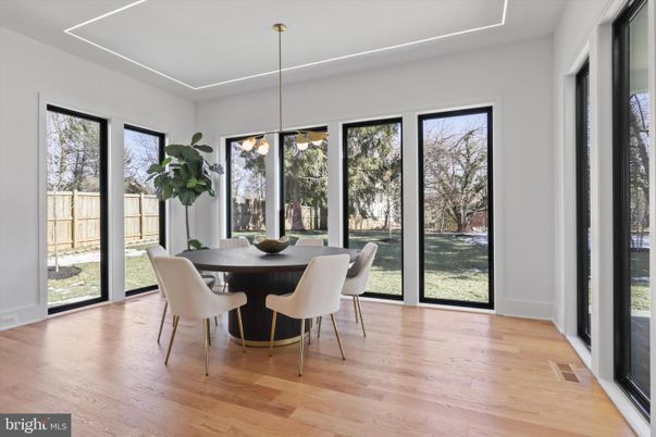 Dining room, Interior, Pendant Lights, Wood Texture Flooring