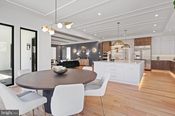 Dining room, Interior, Kitchen, Pendant Lights, Recessed Lighting, Stainless Steel Appliances, Wood Texture Flooring