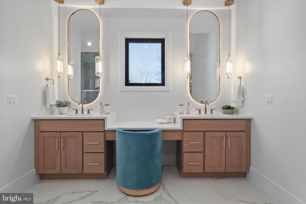 Bathroom, Dual Sink Vanities, Interior, Marble, Pendant Lights