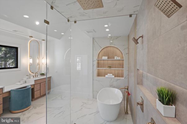 Bathroom, Free Standing Baths, Interior, Marble, Marble Walls, Recessed Lighting