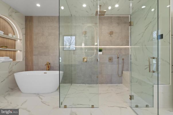 Bathroom, Free Standing Baths, Glass Shower, Interior, Marble, Marble Walls, Recessed Lighting