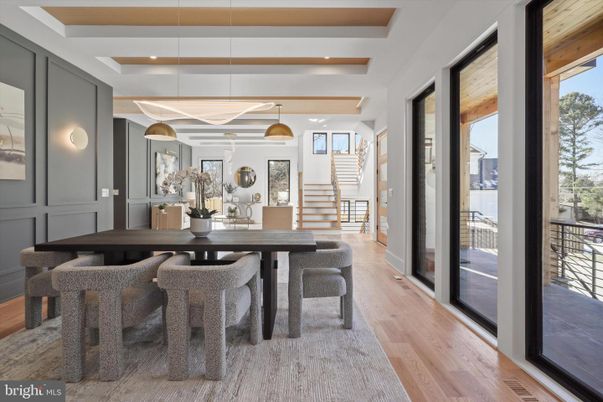 Dining room, Interior, Pendant Lights, Wood Texture Flooring