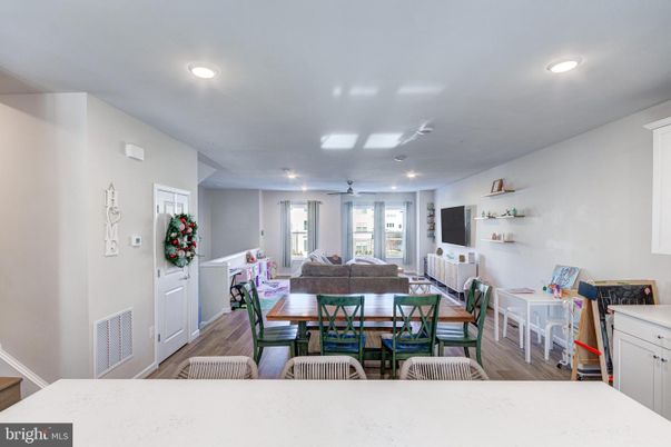 Dining room, Interior, Living room, Recessed Lighting, Wood Texture Flooring