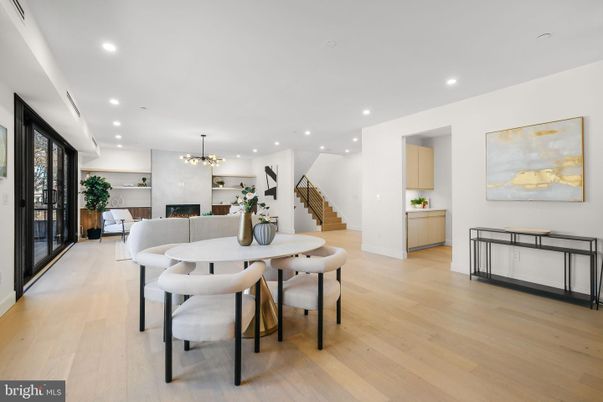 Dining room, Fireplace, Interior, Pendant Lights, Recessed Lighting, Wood Texture Flooring