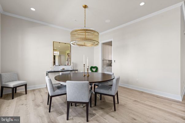 Chandelier, Dining room, Interior, Recessed Lighting, Wood Texture Flooring