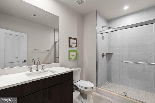 Bathroom, Glass Shower, Interior, Recessed Lighting, Wood Texture Flooring