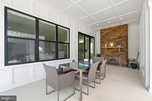 Dining room, Fireplace, Interior, Recessed Lighting, Stone Walls