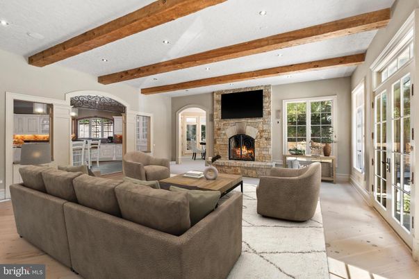 Fireplace, Interior, Living room, Recessed Lighting, Wooden Beams, Wood Texture Flooring