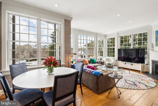 Dining room, Fireplace, Interior, Living room, Recessed Lighting, Wood Texture Flooring