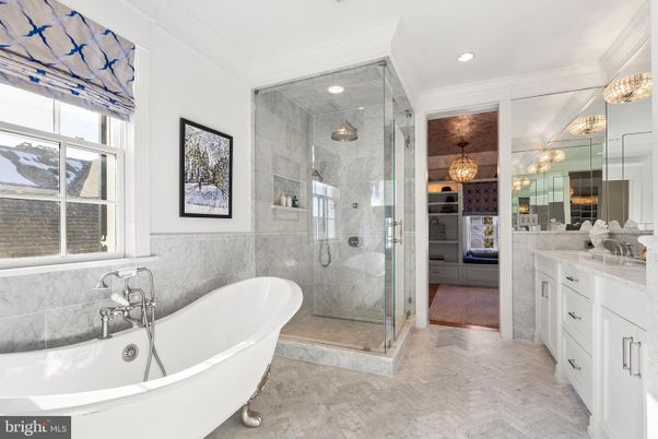 Bathroom, Free Standing Baths, Glass Shower, Interior, Marble, Recessed Lighting