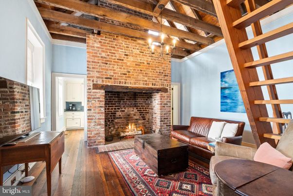 Fireplace, Interior, Living room, Pendant Lights, Stone Walls, Wooden Beams, Wood Texture Flooring