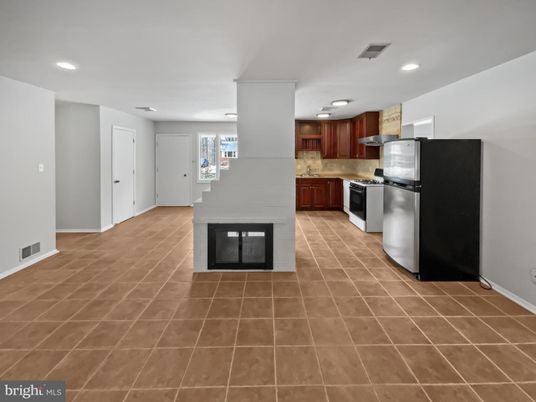 Fireplace, Interior, Kitchen, Recessed Lighting, Stainless Steel Appliances