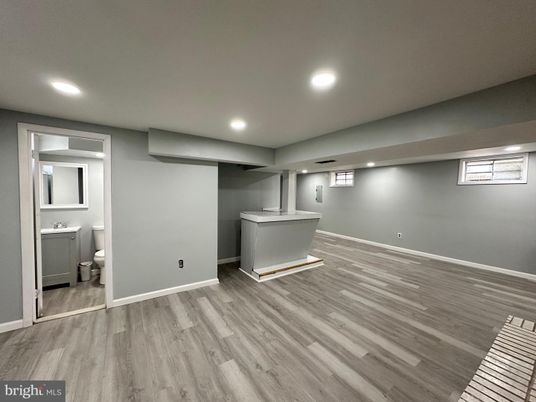 Bathroom, Empty room, Interior, Recessed Lighting, Wood Texture Flooring