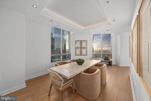 Dining room, Interior, Recessed Lighting, Wood Texture Flooring