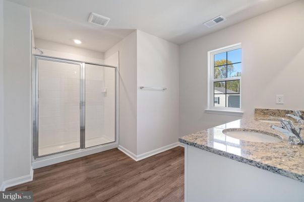 Bathroom, Glass Shower, Interior, Recessed Lighting, Wood Texture Flooring