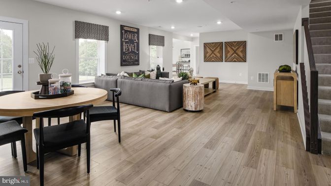 Dining room, Interior, Living room, Recessed Lighting, Wood Texture Flooring