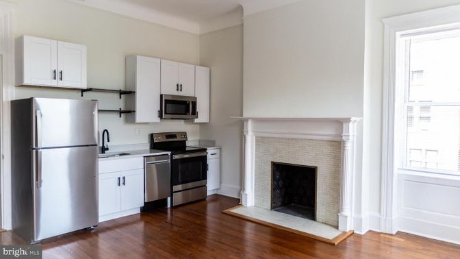 Fireplace, Interior, Kitchen, Stainless Steel Appliances, Wood Texture Flooring