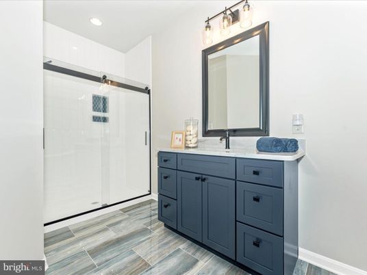 Bathroom, Glass Shower, Interior, Recessed Lighting, Wood Texture Flooring