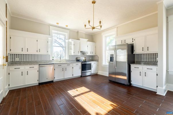 Interior, Kitchen, Pendant Lights, Stainless Steel Appliances, Wood Texture Flooring