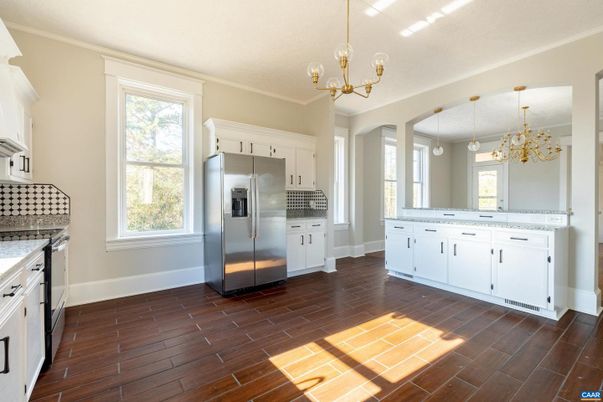 Chandelier, Interior, Kitchen, Pendant Lights, Stainless Steel Appliances, Wood Texture Flooring