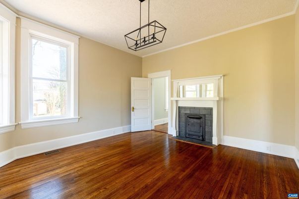Empty room, Fireplace, Interior, Pendant Lights, Wood Texture Flooring