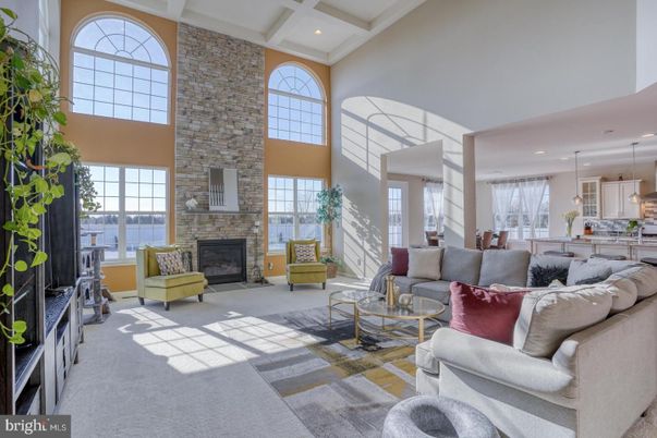 Fireplace, Interior, Kitchen, Living room, Pendant Lights, Recessed Lighting, Stone Walls
