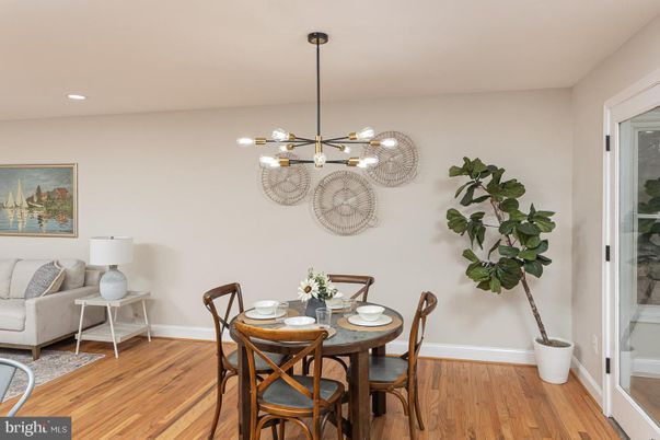 Dining room, Interior, Pendant Lights, Recessed Lighting, Wood Texture Flooring