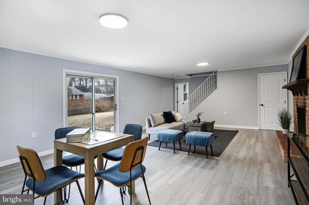 Dining room, Interior, Living room, Recessed Lighting, Wood Texture Flooring