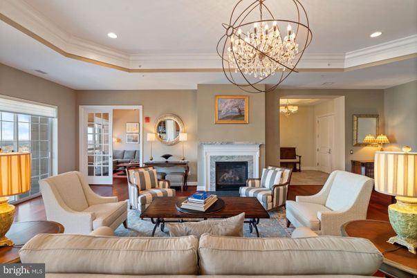 Chandelier, Fireplace, Interior, Living room, Recessed Lighting, Wood Texture Flooring