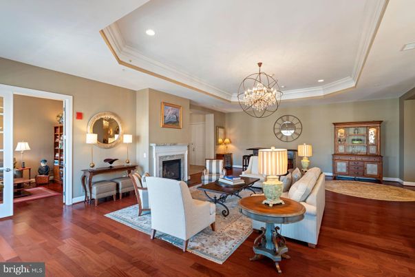 Chandelier, Fireplace, Interior, Living room, Recessed Lighting, Wood Texture Flooring