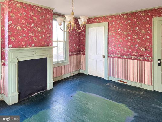 Chandelier, Empty room, Fireplace, Interior, Wood Texture Flooring
