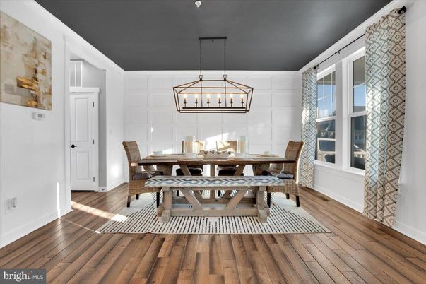 Dining room, Interior, Pendant Lights, Wood Texture Flooring